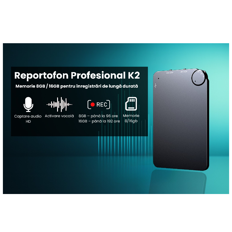 Reportofon Subțire Cu Înregistrare Vocală Automată K2 - imagine 2
